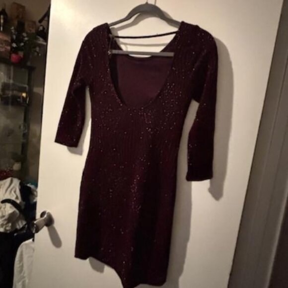 Trixxi Juniors Deep Red Wine Sparkle Low Cut Back Fitted Bodycon Dress Sz M - Picture 2 of 6